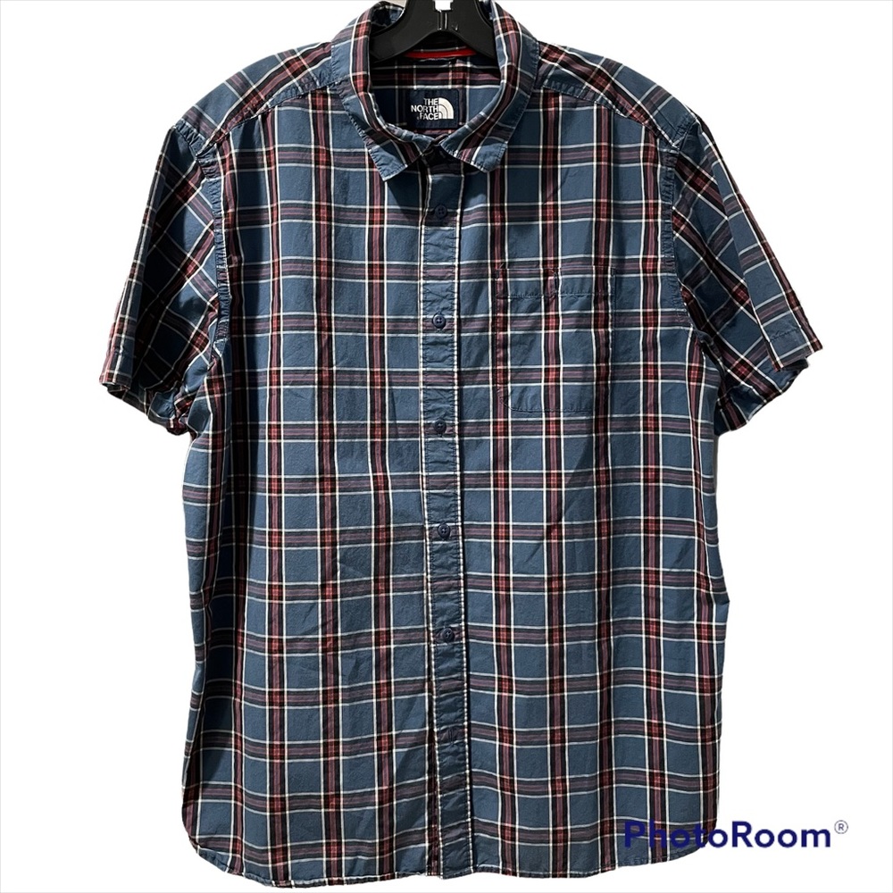 The North Face Mens XL Blue Plaid Short Sleeve Shirt Button Up Front Cotton